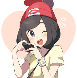 Rule 34 | 1girl, bag, beanie, black eyes, black hair, blush, bracelet, creatures (company), female focus, flat chest, floral print, game freak, hands up, happy, hat, heart, heart background, heart hands, jewelry, looking at viewer, matching hair/eyes, nintendo, one eye closed, open mouth, own hands together, pink background, poke ball symbol, poke ball theme, pokemon, pokemon sm, red hat, selene (pokemon), shirt, short hair, short sleeves, simple background, smile, solo, teeth, two-tone background, unapoppo, upper body, wink, yellow shirt