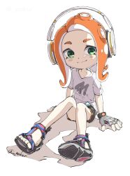 Rule 34 | 1girl, bare legs, black shorts, blush stickers, dolphin shorts, fingerless gloves, gloves, green eyes, headphones, highres, sports sandals, looking at viewer, nintendo, octoling, octoling girl, octoling player character, orange hair, print shirt, pukur, sandals, shirt, shoe soles, shoes, short sleeves, shorts, simple background, sitting, smile, solo, sparkling eyes, splatoon (series), t-shirt, tentacle hair, toes, twitter username, white background, white shirt