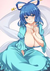 Rule 34 | 1girl, aqua dress, blue eyes, blue hair, blue nails, blush, breasts, cleavage, collarbone, dress, drill hair, drill sidelocks, gradient background, grin, hair ornament, hair rings, hair stick, hand up, head tilt, highres, index finger raised, juliet sleeves, kaku seiga, large breasts, long sleeves, looking at viewer, momendoufu, nail polish, pink background, puffy sleeves, shawl, short hair, sidelocks, smile, solo, touhou, white background, wide sleeves