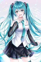 Rule 34 | 1girl, absurdres, black skirt, black thighhighs, blue eyes, blue hair, blue nails, blue necktie, collared shirt, detached sleeves, hair ornament, hatsune miku, highres, kangse415, long hair, long sleeves, looking at viewer, necktie, open mouth, pleated skirt, shirt, skirt, smile, teeth, thighhighs, twintails, upper teeth only, vocaloid