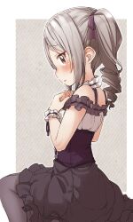 Rule 34 | 1girl, bare shoulders, black dress, black pantyhose, blush, border, bow, breasts, clenched hands, commentary, corset, dress, drill hair, frilled dress, frills, from side, grey background, grey hair, hair bow, hair ribbon, hands up, highres, idolmaster, idolmaster cinderella girls, idolmaster cinderella girls starlight stage, kanzaki ranko, long hair, looking at viewer, medium breasts, outside border, pantyhose, parted lips, purple corset, purple ribbon, red eyes, ribbon, scrunchie, shy, simple background, sitting, sleeveless, sleeveless dress, solo, twin drills, twintails, white border, white scrunchie, wrist scrunchie, yukie (kusaka shi)