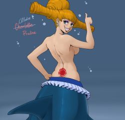 Rule 34 | 1girl, absurdres, back tattoo, charlotte praline, fish, highres, mermaid, monster girl, one piece, resident drawfriend, smile, solo, tall, tattoo, thumbs up, topless, tramp stamp