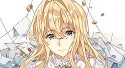 Rule 34 | 1girl, blonde hair, blue eyes, blush, brooch, cheese kang, close-up, collar, envelope, hair between eyes, hair intakes, jewelry, letter, long hair, looking at viewer, shirt, simple background, smile, solo, upper body, violet evergarden, violet evergarden (series), white shirt