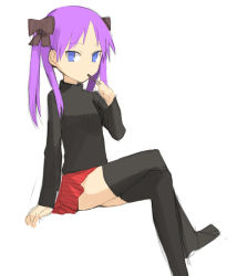 Rule 34 | 00s, 1girl, blue eyes, dress, female focus, food, hiiragi kagami, long sleeves, looking at viewer, lucky star, pocky, purple hair, shirt, simple background, sitting, solo, thighhighs, white background, yu 65026, zettai ryouiki