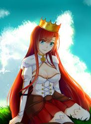 Rule 34 | 1girl, blue eyes, boudica (fate), boudica (third ascension) (fate), breasts, cleavage, corset, crown, fate/grand order, fate (series), fur trim, large breasts, long hair, looking at viewer, pleated skirt, red hair, red skirt, shrug (clothing), sitting, skirt, solo, thighhighs, very long hair, wariza, xiav