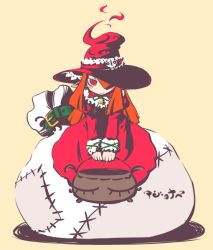 Rule 34 | 1girl, belt, brown background, hair over one eye, hat, holding, long hair, long sleeves, looking at viewer, orange hair, original, pot, red eyes, sack, sakaetoun, simple background, sitting, skull, solo, witch, witch hat