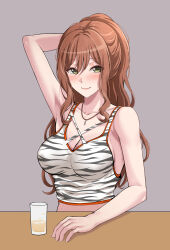 Rule 34 | 1girl, absurdres, animal print, arm behind head, arm on table, arm up, armpit crease, armpits, bang dream!, bare arms, bare shoulders, blush, breasts, brown hair, cleavage, closed mouth, collarbone, commentary, crop top, cup, drink, drinking glass, green eyes, grey background, hair between eyes, half updo, highres, imai lisa, jewelry, large breasts, long hair, looking at viewer, necklace, pendant, print tank top, ptal, sidelocks, simple background, smile, solo, symbol-only commentary, table, tank top, upper body, wavy hair, white tank top, white tiger print