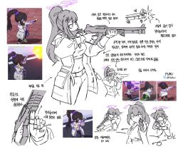 Rule 34 | 1girl, aiming, benelli m4 super 90, blue archive, breasts, closed mouth, coat, crop top, firing, flukhan, game screenshot, gun, halo, high ponytail, highres, holding, holding gun, holding weapon, korean text, long hair, medium breasts, multiple views, open clothes, open coat, pants, ponytail, reference inset, reloading, shotgun, simple background, sumire (blue archive), translation request, twitter username, weapon, white background