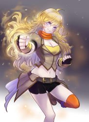 Rule 34 | 1girl, absurdres, ahoge, belt, bike shorts, black gloves, blonde hair, boots, breasts, brown vest, cleavage, ember celica (rwby), fingerless gloves, gloves, groin, highres, lochris, long hair, medium breasts, midriff, navel, orange skirt, parted lips, purple eyes, rwby, scarf, single thighhigh, skirt, smile, solo, standing, standing on one leg, thighhighs, vest, waist cape, yang xiao long