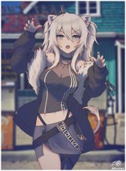 Rule 34 | 1girl, absurdres, animal ears, arms up, artist name, black jacket, black nails, breasts, cleavage, fur-trimmed jacket, fur trim, grey eyes, grey hair, grey skirt, highres, hololive, jacket, large breasts, lion ears, long hair, long sleeves, looking at viewer, nail polish, navel, open mouth, see-through, see-through cleavage, shishiro botan, shishiro botan (1st costume), sidelocks, skirt, solo, teeth, twitter username, unzipped, virtual youtuber, zhvo, zipper, zipper pull tab, zipper skirt