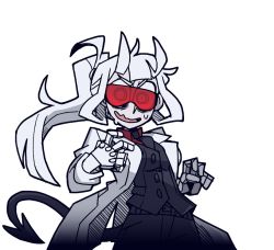 Rule 34 | 1girl, bags under eyes, belt, black jacket, black necktie, black pants, breasts, buttons, coat, collared shirt, cowboy shot, demon girl, demon tail, female focus, formal, goggles, hair rings, hands up, helltaker, horns, jacket, lab coat, long hair, long sleeves, looking at viewer, loremaster (helltaker), mechanical arms, medium breasts, necktie, nervous, official art, open clothes, open coat, open mouth, pants, pocket, ponytail, prosthesis, red-tinted eyewear, red-tinted glasses, red shirt, rimless eyewear, shirt, sidelocks, simple background, sleeves rolled up, smile, solo, standing, suit, sunglasses, sweat, tail, tinted eyewear, transparent background, v-shaped eyebrows, vanripper, visor, wavy mouth, white coat, white hair, wide-eyed