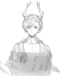 Rule 34 | 1girl, antlers, dragon girl, dragon horns, greyscale, highres, horns, kicchou yachie, looking at viewer, monochrome, monster girl, scales, short hair, simple background, solo, square neckline, tail, tougou (goodbye tender), touhou, turtle shell, white background