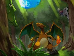 Rule 34 | animal focus, backlighting, bird, black eyes, blank eyes, blue sky, bug, butterfly, butterfree, charizard, claws, closed mouth, cloud, creatures (company), day, dew drop, dragon, fangs, fire, flame-tipped tail, forest, game freak, gen 1 pokemon, grass, half-closed eyes, insect, light rays, looking up, metapod, nature, nintendo, no humans, outdoors, pokemon, pokemon (creature), puddingx2, red eyes, rock, sky, standing, sunlight, tree, water drop