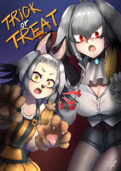 Rule 34 | 2girls, alternate costume, alternate eye color, animal ears, animal hands, animal nose, bangs pinned back, bat ears, bat hair ornament, breasts, cape, claw pose, commentary, dual persona, english commentary, fake animal ears, fang, fangs, forehead, gloves, grey hair, hair between eyes, hair ornament, hairband, halloween, halloween costume, head wings, highres, john (a2556349), kemono friends, large breasts, looking at viewer, multiple girls, open mouth, pantyhose, paw gloves, paw hair ornament, red eyes, shirt, shoebill (kemono friends), short hair, signature, single sidelock, trick or treat, white gloves, white shirt, wings, yellow eyes