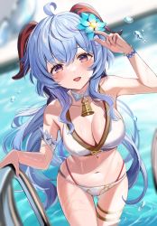 Rule 34 | 1girl, :d, ahoge, aqua flower, arm strap, bell, bikini, blue flower, blue hair, blurry, blurry background, blush, bracelet, breasts, cleavage, detached collar, flower, ganyu (genshin impact), genshin impact, glaze lily, gluteal fold, goat horns, hair between eyes, hair flower, hair ornament, hand up, highres, holding, horns, jewelry, large breasts, long hair, looking at viewer, navel, neck bell, open mouth, pool, pool ladder, purple eyes, satoupote, sidelocks, smile, solo, stomach, swimsuit, thighlet, thighs, water, water drop, wet
