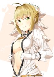 Rule 34 | 10s, 1girl, :p, :q, ahoge, bad id, bad nicoseiga id, belt, blonde hair, bodysuit, breasts, bridal veil, brown background, center opening, chain, cleavage, eyebrows, fate/extra, fate/extra ccc, fate/grand order, fate (series), flower, gloves, green eyes, hair intakes, heart, leaf, lock, looking at viewer, mugipot, navel, nero claudius (bride) (fate), nero claudius (fate), nero claudius (fate) (all), padlock, smile, solo, tongue, tongue out, two-tone background, unzipped, upper body, veil, white background, white flower, white gloves