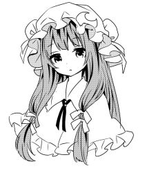 Rule 34 | 1girl, ama-tou, bolo tie, bun cover, capelet, collar, crescent, crescent hair ornament, double bun, expressionless, eyelashes, frills, greyscale, hair ornament, hair ribbon, halftone, hat, long hair, looking at viewer, mob cap, monochrome, patchouli knowledge, portrait, ribbon, simple background, sketch, solo, touhou, tress ribbon, white background