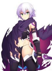 Rule 34 | 1girl, arm at side, arm belt, bandaged arm, bandages, black gloves, black panties, black shirt, black thighhighs, buckle, buttons, cloak, closed mouth, expressionless, facial scar, fate/grand order, fate (series), fingerless gloves, from below, gloves, green eyes, groin, hair between eyes, highres, holding, holding knife, holding weapon, jack the ripper (fate/apocrypha), knife, legs apart, looking at viewer, looking down, lowleg, lowleg panties, mahcdai, navel, panties, purple cloak, scabbard, scar, scar across eye, scar on cheek, scar on face, sheath, shirt, short hair, silver hair, simple background, sleeveless, sleeveless shirt, slit pupils, solo, standing, tattoo, thighhighs, torn cloak, torn clothes, underwear, unsheathed, weapon, white background, wind