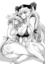 Rule 34 | 2girls, absurdres, anne bonny (fate), anne bonny (fate/grand order), anne bonny (swimsuit archer) (fate), anne bonny (swimsuit archer) (first ascension) (fate), ass, breasts, covered erect nipples, curvy, fate/grand order, fate (series), gggg, greyscale, hair between eyes, hat, highres, long hair, looking at viewer, mary read (fate), mary read (fate/grand order), mary read (swimsuit archer) (fate), mary read (swimsuit archer) (first ascension) (fate), medium breasts, monochrome, multiple girls, navel, pirate hat, scar, scar on face, swimsuit, thick thighs, thighs, twintails