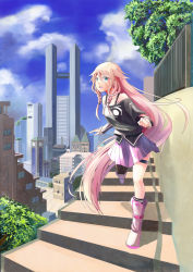 Rule 34 | 1girl, blue eyes, braid, cityscape, cloud, day, ia (vocaloid), long hair, looking at viewer, murakami monako, open mouth, outdoors, pink hair, skirt, sky, smile, solo, twin braids, very long hair, vocaloid