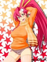 Rule 34 | 00s, 1girl, bad id, bad pixiv id, breasts, large breasts, long hair, plaid, plaid scarf, ponytail, red hair, scarf, shinku p, short shorts, shorts, skindentation, solo, sweater, tengen toppa gurren lagann, text focus, thighhighs, translation request, yellow eyes, yoko littner