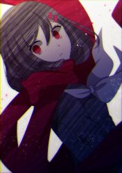 Rule 34 | 1girl, additional memory (vocaloid), brown hair, chromatic aberration, crml orng, hair between eyes, hair ornament, hairclip, highres, kagerou project, looking at viewer, medium hair, parted lips, red eyes, red scarf, scarf, school uniform, solo, tateyama ayano, tears, upper body, vocaloid, white background