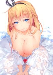 Rule 34 | 10s, 1girl, :&gt;, bad id, bad pixiv id, bare shoulders, blonde hair, blue eyes, blush, braid, breasts, cleavage, crown, french braid, hairband, highres, kantai collection, large breasts, long hair, looking at viewer, mini crown, off shoulder, shiro usagi, sitting, solo, warspite (kancolle), wet