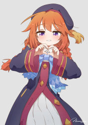 Rule 34 | 1girl, black hat, blue bow, blue bowtie, blush, bow, bowtie, braid, coat, grey background, grey coat, hat, heart, heart-shaped pupils, heart hands, highres, long sleeves, looking at viewer, low twin braids, mountain han, orange hair, princess connect!, purple eyes, signature, simple background, smile, solo, symbol-shaped pupils, twin braids, yuni (princess connect!)