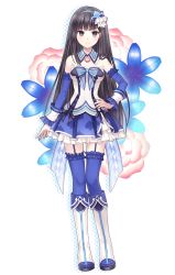 Rule 34 | 1girl, bare shoulders, black hair, blue eyes, boots, elbow gloves, flower, fukahire (ruinon), full body, gloves, hair ornament, hand on own hip, knee boots, kyouka (omega quintet), long hair, midriff, omega quintet, pleated skirt, ribbon, skirt, solo, standing, thighhighs, transparent background, wide sleeves, zettai ryouiki