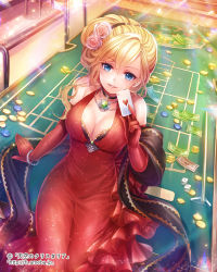 Rule 34 | 1girl, ace (playing card), ace of hearts, bare shoulders, blonde hair, blue eyes, bracelet, breasts, cleavage, dice, dress, elbow gloves, flower, from above, gloves, hair flower, hair ornament, halterneck, heart, hobak, jewelry, large breasts, long hair, looking at viewer, money, necklace, official art, parted lips, playing card, poker chip, red dress, red gloves, roulette table, sitting, smile, solo, sparkle, table, tenkuu no crystalia