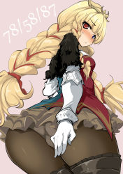 Rule 34 | 1girl, ass, black pantyhose, blonde hair, blue eyes, blush, braid, character request, commentary request, covering privates, covering ass, cowboy shot, from behind, fur, gloves, heterochromia, huge ass, looking at viewer, lord of vermilion, lord of vermilion iii, momio, panties, panties under pantyhose, pantyhose, pink background, red eyes, solo, sweatdrop, twin braids, twintails, underwear, white gloves