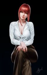 Rule 34 | 1girl, absurdres, black background, black pants, breasts, chainsaw man, collared shirt, crossed legs, highres, lips, looking at viewer, makima (chainsaw man), medium breasts, moonlen-jack, pants, partially unbuttoned, red hair, ringed eyes, shirt, short hair with long locks, sitting, solo, yellow eyes