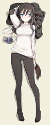 Rule 34 | 1girl, animal ears, black hair, blue eyes, crotch seam, cup, elizabeth f. beurling, feet, jacket, legs, long hair, mug, panties, panties under pantyhose, pantyhose, ribbed sweater, shimada fumikane, solo, strike witches, strike witches: suomus misfits squadron, sweater, tail, underwear, world witches series