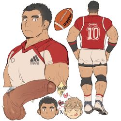 2boys absurdres back_turned ball bandaid bandaid_on_face bara black_eyes black_hair blonde_hair english_text gondom highres kim_yoon_(gondom) licking_lips male_focus multiple_boys multiple_views muscular muscular_male original penis pubic_hair rugby_ball rugby_uniform sportswear sweat testicles thick_eyebrows tongue tongue_out white_background