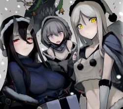 Rule 34 | 10s, 3girls, abyssal ship, battleship princess, black hair, blush, box, breasts, cape, gift, gift box, glowing, glowing eyes, hat, highres, horns, kantai collection, large breasts, long hair, medium breasts, multiple girls, open mouth, pale skin, parted bangs, purple eyes, re-class battleship, red eyes, santa hat, short hair, skin-covered horns, small breasts, sweater, ta-class battleship, walzrj, yellow eyes