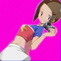 Rule 34 | 1girl, absurdres, arm behind back, breasts, brown hair, camera, chromatic aberration, cosplay, crop top, digimon, digimon adventure 02, dutch angle, groin, hair ornament, hairclip, highres, holding, holding camera, miniskirt, pakotaroh, pink background, pink eyes, short hair, short sleeves, simple background, skirt, small breasts, smile, solo, split mouth, star (symbol), star print, tachikawa mimi, tachikawa mimi (cosplay), white skirt, yagami hikari