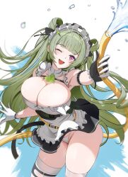 Rule 34 | 1girl, absurdres, antenna hair, apron, blush, breasts, cleavage, double bun, goddess of victory: nikke, green hair, grey hair, hair bun, highres, hose, large breasts, long hair, maid, maid headdress, mokovancy, panties, purple eyes, smile, soda (nikke), solo, standing, thighhighs, thighs, two-tone gloves, underwear, water, white apron, white headwear, white panties, white thighhighs