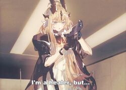 Rule 34 | ahoge, arknights, black gloves, black jacket, blonde hair, dragon horns, dress, gloves, green eyes, gun, holding, holding gun, holding weapon, horns, i&#039;m a healer but... (meme), impact (font), indoors, jacket, long hair, meme, open clothes, open jacket, open mouth, reed (arknights), reed the flame shadow (arknights), single glove, stariwei, twitter username, weapon, white dress