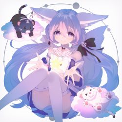 Rule 34 | 1girl, absurdres, animal, animal ears, blush, hair between eyes, highres, long hair, looking at viewer, mole, mole under eye, original, pleated skirt, purple eyes, sakakidani, simple background, skirt, smile, solo, tail, thighhighs, twintails, white hair, white thighhighs