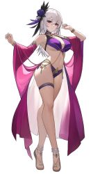 Rule 34 | 1girl, bikini, breasts, cleavage, crossed legs, detached sleeves, flower, full body, grey hair, hair flower, hair ornament, highres, large breasts, long hair, looking at viewer, momera, original, parted lips, pink eyes, purple background, rose, sandals, simple background, solo, swimsuit, thigh strap, watson cross, white background, wide sleeves
