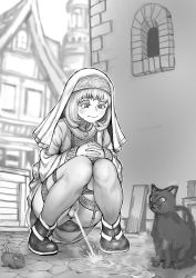 Rule 34 | 1girl, absurdres, alley, anus, blush, cat, closed mouth, dodomesu, dress, female focus, female pubic hair, full body, garter straps, greyscale, habit, highres, interlocked fingers, jewelry, knees together feet apart, long sleeves, monochrome, mouse (animal), necklace, original, outdoors, outline, own hands together, panties, panty pull, peeing, pubic hair, puddle, pussy, shoes, short hair, solo, squatting, steam, sweat, tears, thighhighs, uncensored, underwear, white outline, window