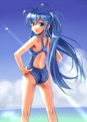 Rule 34 | 1girl, :o, antenna hair, ass, back, blue eyes, blue hair, blush, cloud, competition swimsuit, day, from behind, hands on own hips, imaichi moenai ko, katahira masashi, kneepits, kobe shinbun, light rays, long hair, looking at viewer, looking back, matching hair/eyes, ocean, one-piece swimsuit, sky, solo, sunbeam, sunlight, swimsuit, twintails, very long hair, water