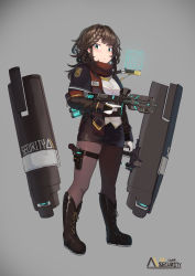 Rule 34 | 1girl, ballistic shield, black capelet, black footwear, black jacket, black skirt, boots, braid, breasts, bridal gauntlets, brown hair, brown pantyhose, brown scarf, capelet, commentary request, cross-laced footwear, dress shirt, energy gun, energy weapon, full body, gloves, green eyes, grey background, gun, highres, holding, holding gun, holding weapon, holographic interface, id card, jacket, knee boots, lace-up boots, long hair, long sleeves, looking at viewer, natori youkai, original, pantyhose, pencil skirt, riot shield, safety pin, scarf, shield, shirt, simple background, skirt, sleeves past wrists, small breasts, solo, standing, trigger discipline, weapon, white gloves, white shirt