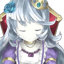 Rule 34 | 1girl, chair, choker, closed eyes, collarbone, crown, flower, frills, hair flower, hair ornament, jewelry, juliet sleeves, long hair, long sleeves, lots of jewelry, mini crown, mosamune, necklace, no nose, puffy long sleeves, puffy sleeves, puzzle &amp; dragons, rose, silver hair, simple background, sleeping, sleeping beauty (p&amp;d), solo, upper body, white background