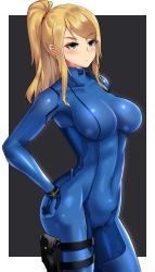Rule 34 | 1girl, absurdres, black background, blonde hair, blue bodysuit, blue eyes, bodysuit, border, breasts, closed mouth, clyde s, commentary, covered navel, cowboy shot, english commentary, frown, hair tie, hand on own hip, highres, holster, large breasts, long hair, metroid, nintendo, outside border, ponytail, samus aran, sidelocks, solo, standing, swept bangs, thigh holster, thighs, white border, zero suit