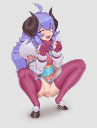 Rule 34 | 1girl, anonbardos, blush, closed eyes, highres, horns, kindred (league of legends), lamb (league of legends), league of legends, no panties, peeing, purple hair, pussy, smile, solo, spirit blossom kindred, squatting, uncensored, white background