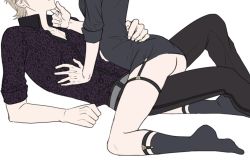 Rule 34 | 2boys, bottomless, clothes, collared shirt, final fantasy, final fantasy xv, ignis scientia, legs apart, legwear garter, male focus, multiple boys, pants, penis, prompto argentum, shirt, simple background, size difference, smile, socks, straddling, tagme, yaoi