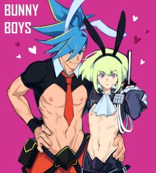 Rule 34 | 2boys, androgynous, animal ears, arm around back, arm around waist, black gloves, book, codpiece, english text, fake animal ears, galo thymos, gloves, green hair, hand on another&#039;s hip, hanezo, heart, highres, holding, holding book, lio fotia, looking at viewer, male focus, male playboy bunny, meme attire, mohawk, multiple boys, navel, necktie, nipples, pink background, promare, purple eyes, rabbit ears, red necktie, reverse bunnysuit, reverse outfit, short hair, sidelocks, simple background, smile, standing, toned, toned male, topless male