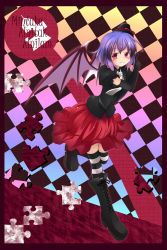 Rule 34 | 1girl, bat wings, boots, elbow gloves, fang, female focus, full body, gloves, hat, highres, makino (ukiuo), necktie, purple hair, puzzle, red eyes, remilia scarlet, short hair, skirt, solo, striped clothes, striped thighhighs, thighhighs, touhou, wings