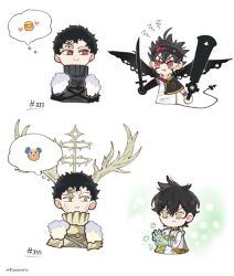 Rule 34 | antlers, asta (black clover), bandaged arm, bandages, black clover, black hair, black headband, capelet, collared shirt, double halo, dual wielding, facial mark, forehead mark, fur-trimmed capelet, fur trim, halo, headband, holding, holding sword, holding weapon, horns, lucius zogratis, red eyes, rizaavana, shirt, short hair, sword, twitter username, uniform, weapon, yellow capelet, yuno (black clover)